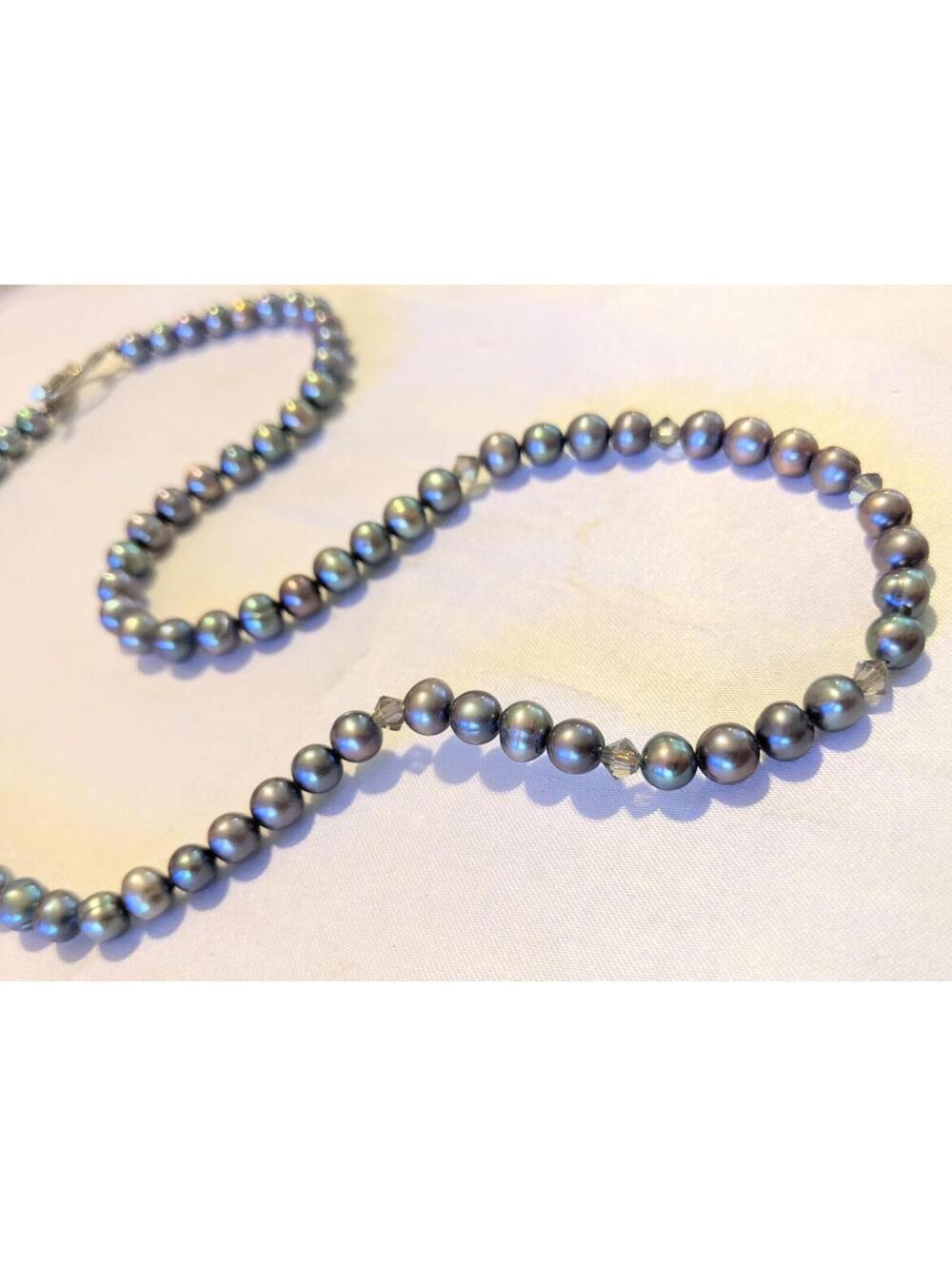 Vintage Peacock Freshwater Pearls Single Strand Necklace Crystals 18" Toggle